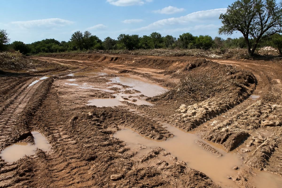 Poor amateur grading showing standing water, deep ruts, and unstable soil